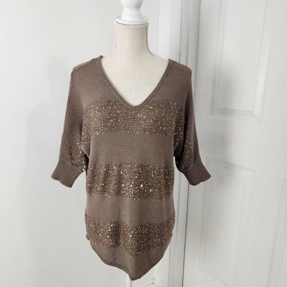 Express Sweater Womens Small Brown Striped Sequins Lightweight Pullover V Neck - Picture 13 of 13